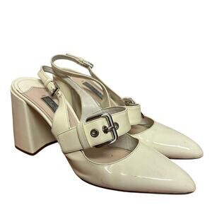 Prada Off White Patent Leather Mary Jane Slingback Block Heel Pumps Size 37.5